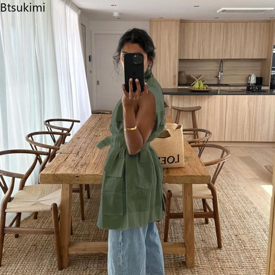 2025 Summer Sleeveless Workwear Shirt Multi-Pocket Design Women Loose  Tops Lapel Collar Button Fashion Solid Color Cardigan Top