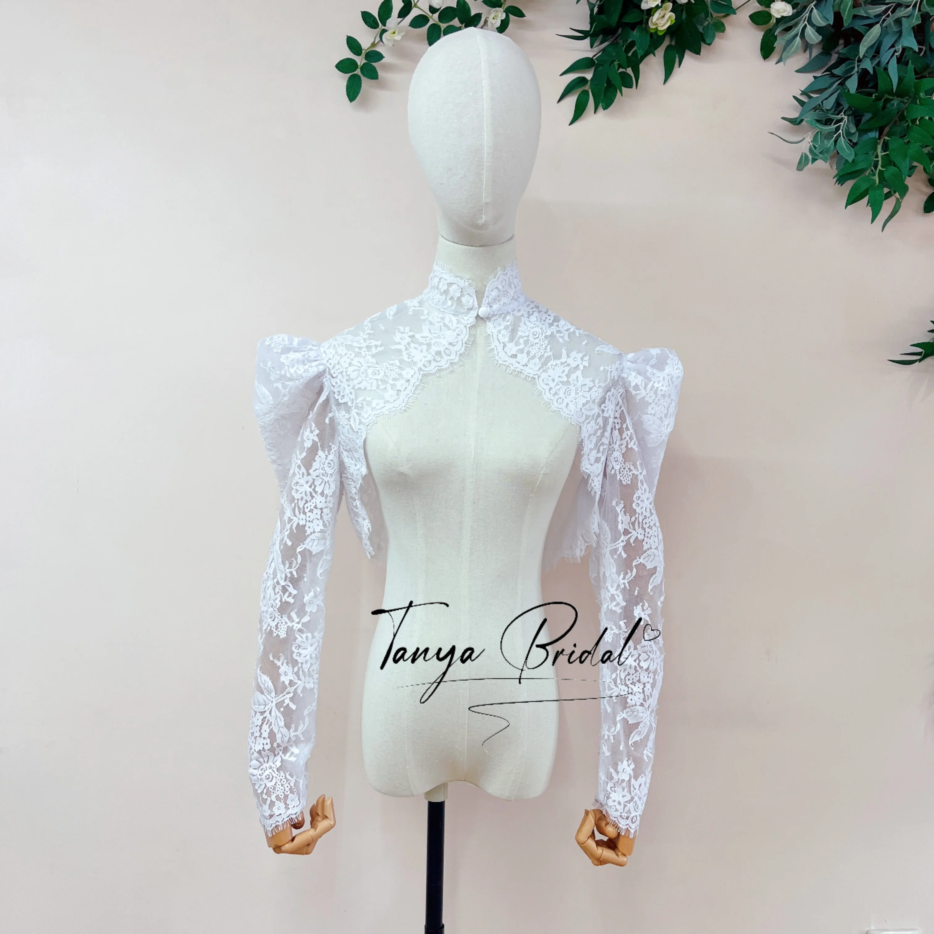 Lace Bridal Bolero Jacket High Neck Button Detail Long Sleeve Wedding Shrug for Bride