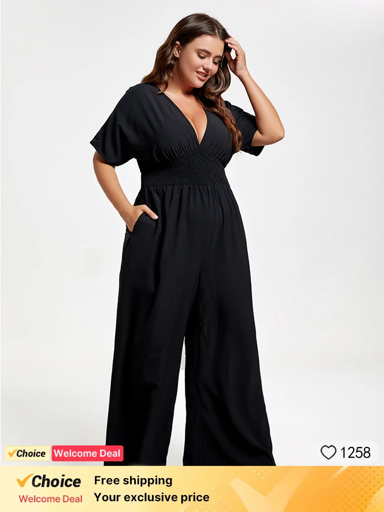 

Plus Sized Clothing Waist Dolman Sleeve Jumpsuit with Pockets Women Casual Shirred Wide Leg Pants Rompers Office Jumpsuit