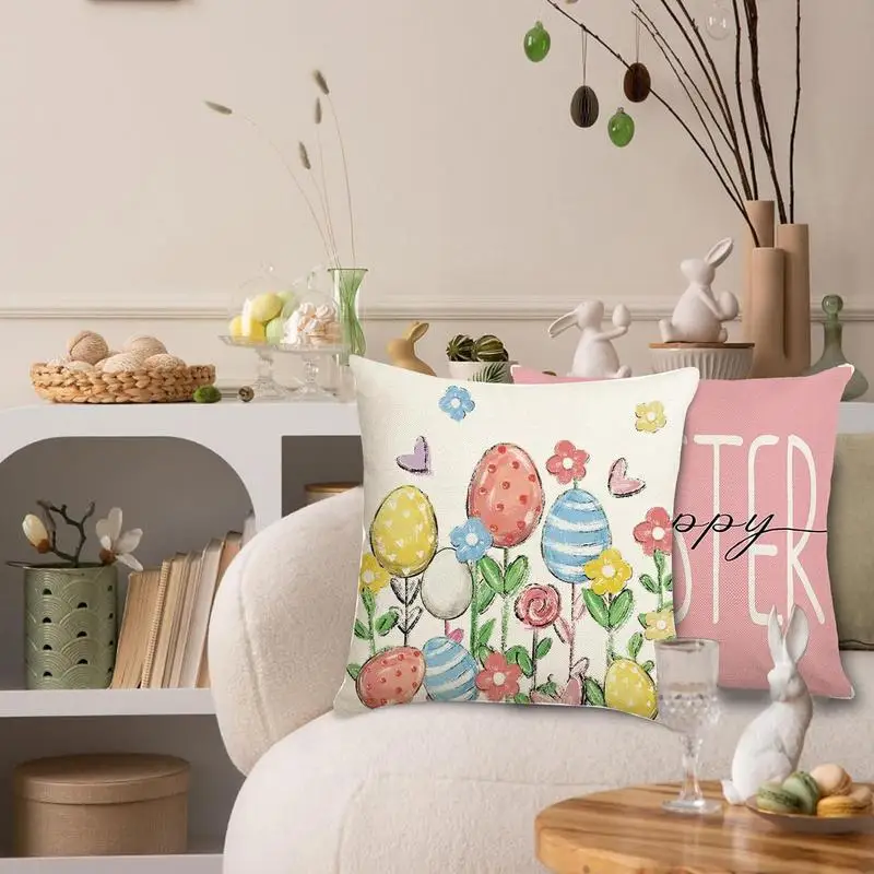 Fundas de almohada de huevo de Pascua, funda de almohada cuadrada decorativa de 18x18 pulgadas, funda de cojín elegante para decoración del hogar, fundas de almohada de lino para granja