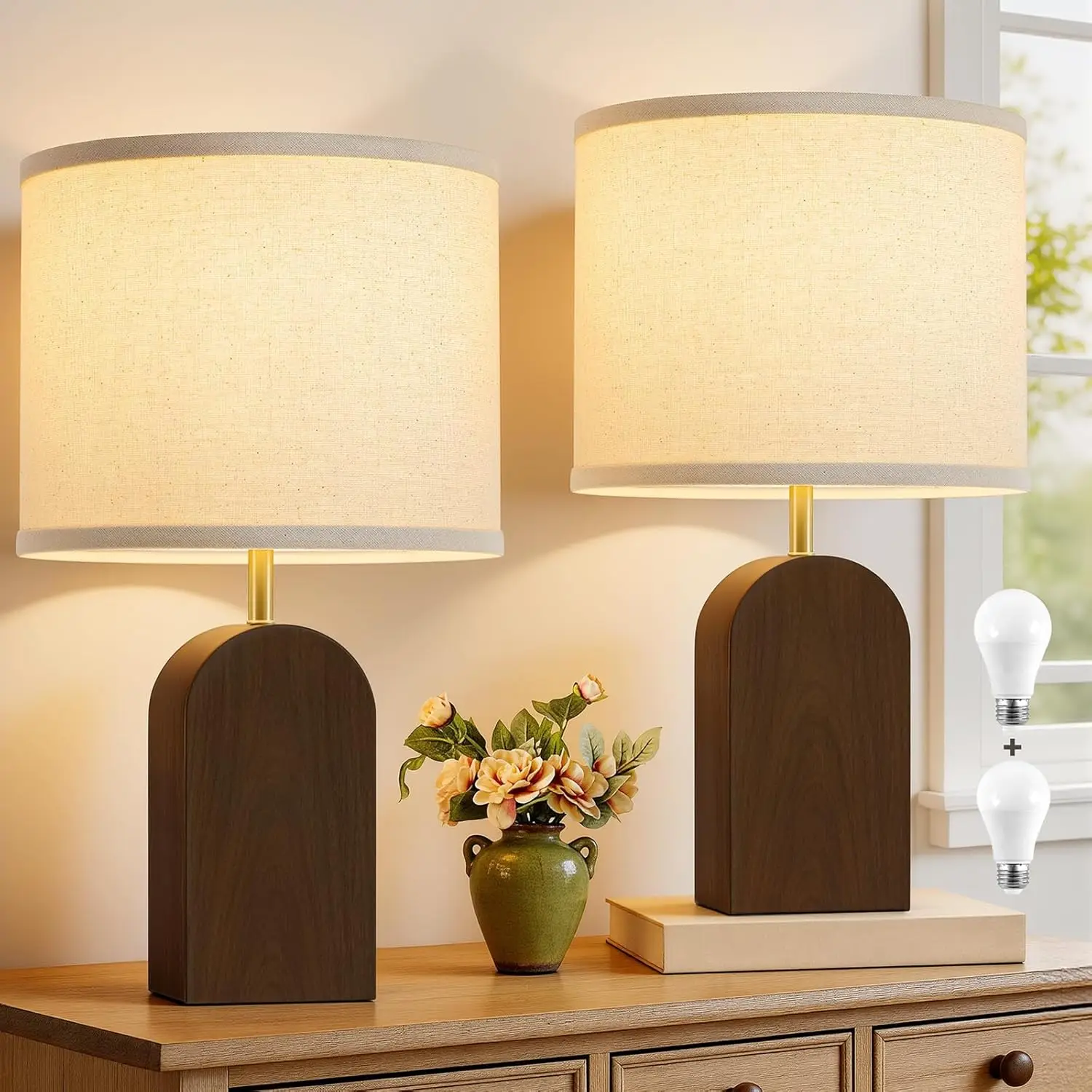

Wood Table Lamps Set of 2 - 19" Farmhouse Bedside Lamp with Adjustable Color Temperatures, Linen Lampshade, Bulbs Included