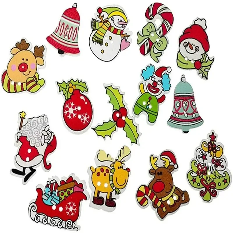 50PCS Christmas Wooden Buttons Cute Sewing Buttons Colorful Art Craft Buttons for Handmade Project