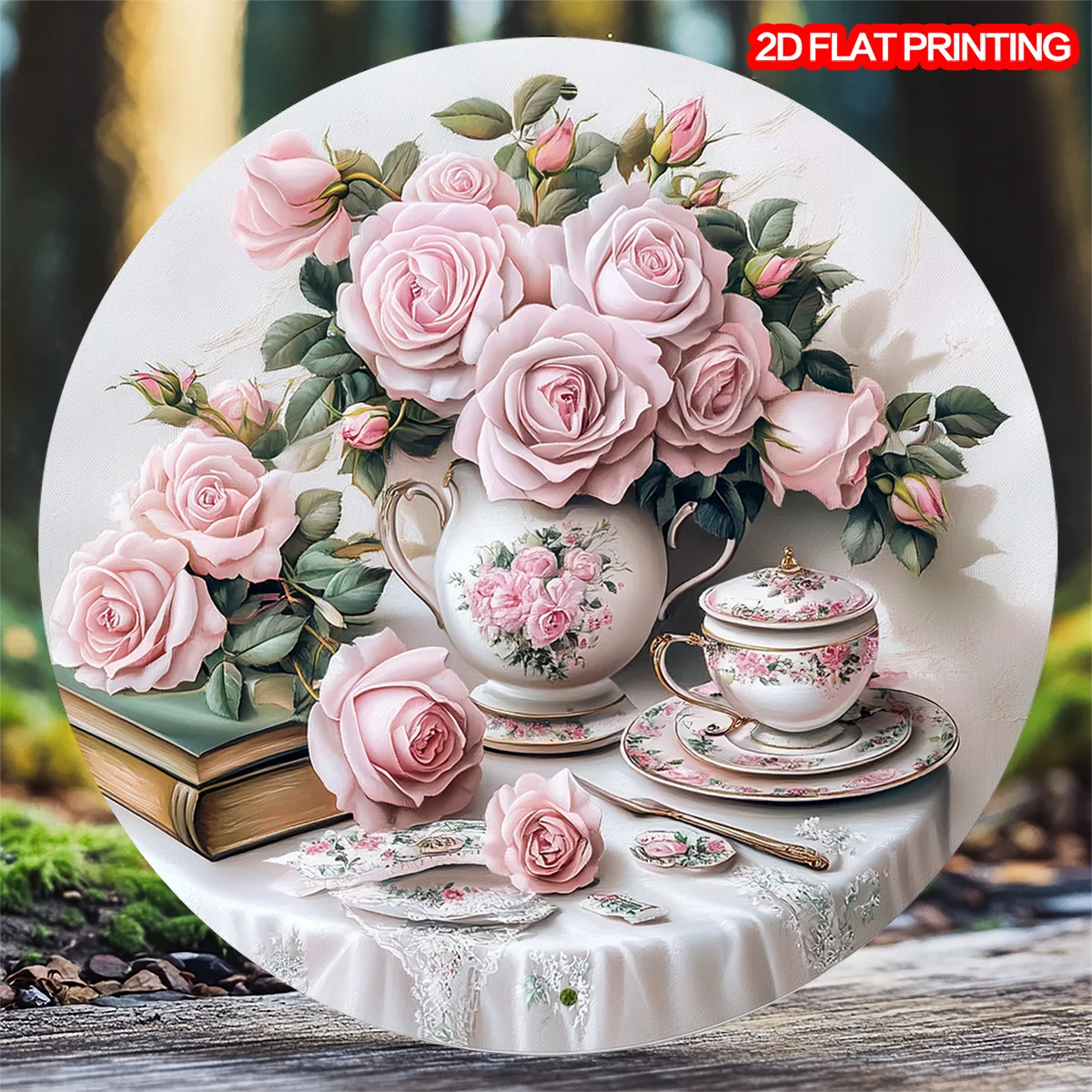 Vintage-Wandschild aus Aluminium mit rosa Rosen, 20,3 cm rundes Metallblech-Dekor-Schild, Mehrzweck-Garten- und Hofkunst für drinnen und draußen, mit Drille