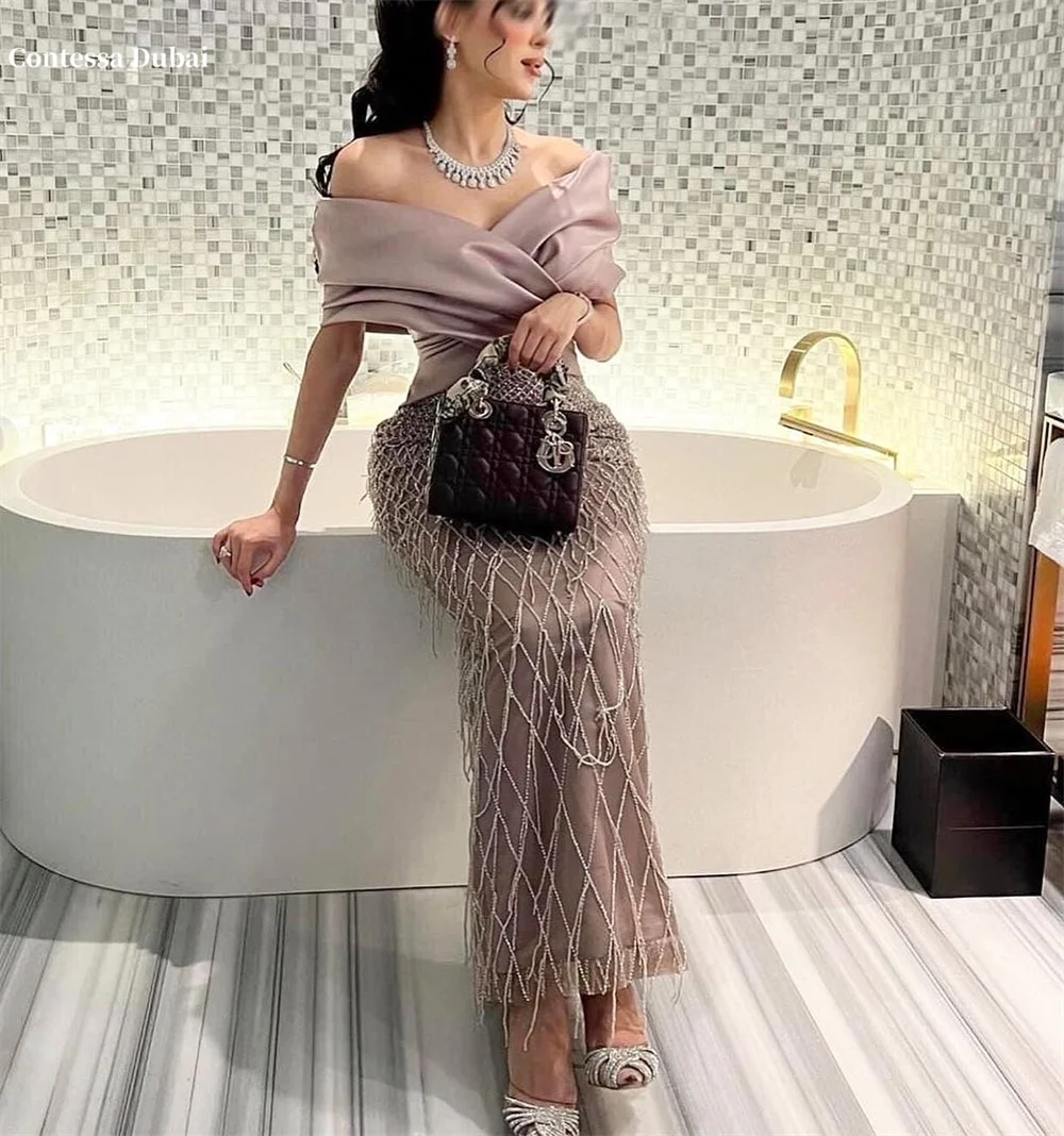 

Contessa Dubai Luxury Off Shoulder Mermaid Arabic Evening Dress Customize Shiny Beading فساتين سهرة Ankle Length Party Gown
