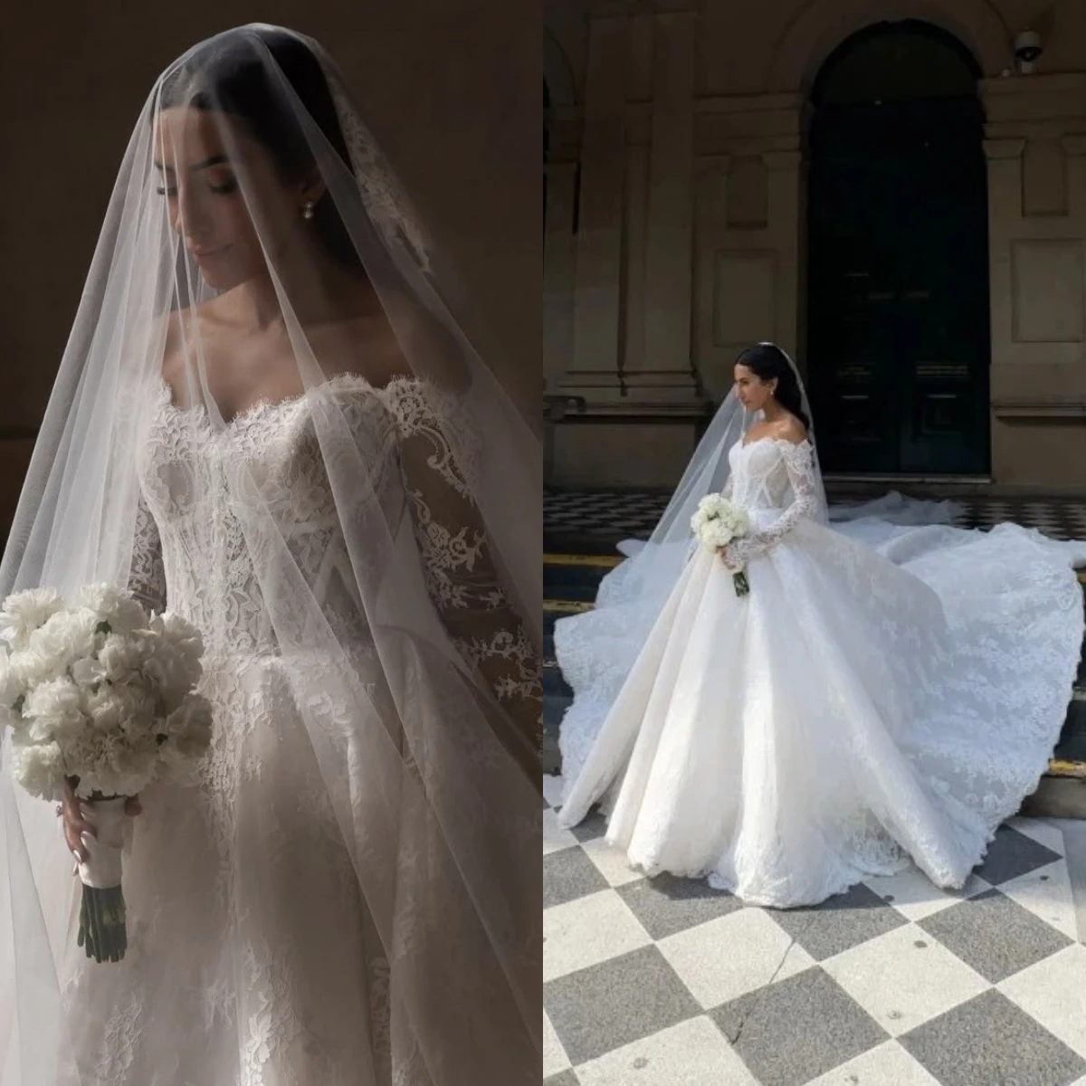 

Luxury Off Shoulder Long Sleeve Lace Wedding Dress with Cathedral Train Beaded Appliques Tulle Ball Gown for Bride Customized