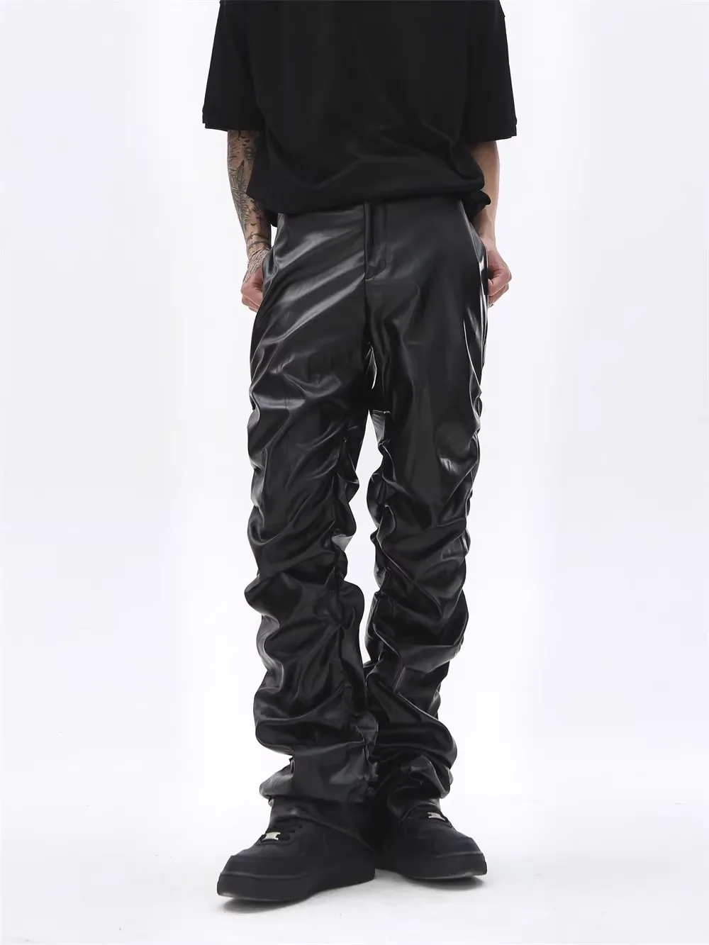 

Hip Hop Mens Pleated Pu Leather Pants Harajuku Retro Streetwear Loose Ruched Casual Trousers Straight Solid Color Black Pants