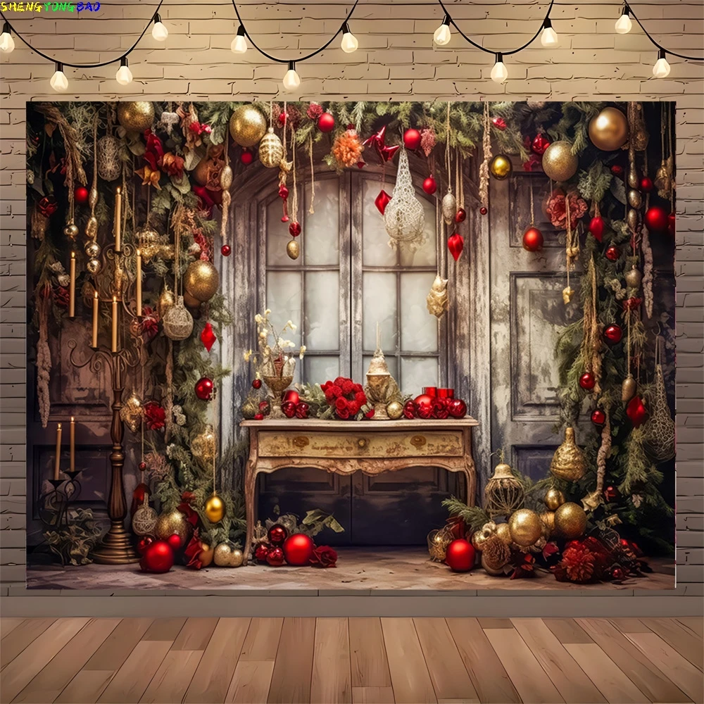 Christmas Tree With Gift Boxes Photography Backdrops Winter Snow Decorations Wooden Door Fireplace Room Background Props WR-17