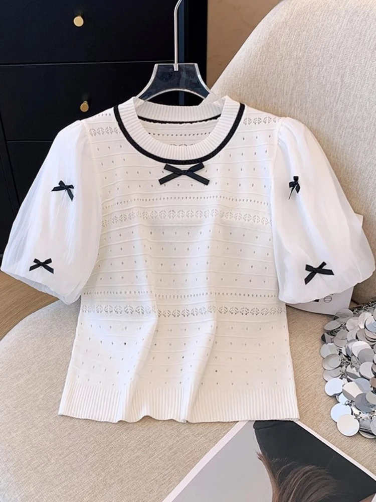 

Women Summer White Bow Sweater Shirt Elegant Chic Tops 2024 New High Quality Crochet Hollow Puff Sleeve Stitching Slim-Fit Tees