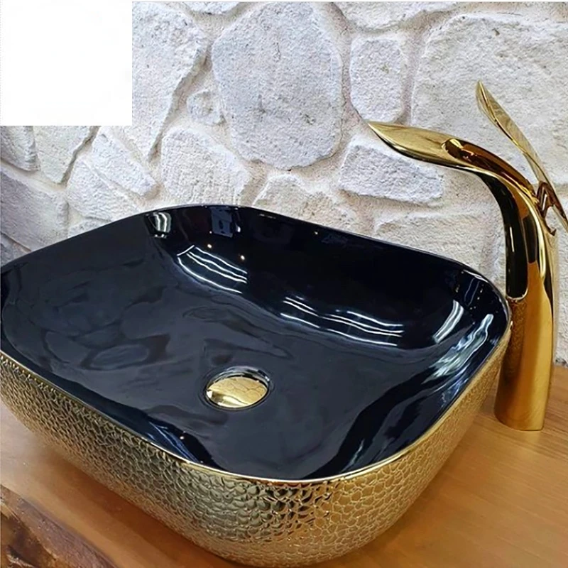 Black Gold Crocodile Pattern Ceramic Table Top Modern Bathroom Sinks Ceramic Hand Wash Basin