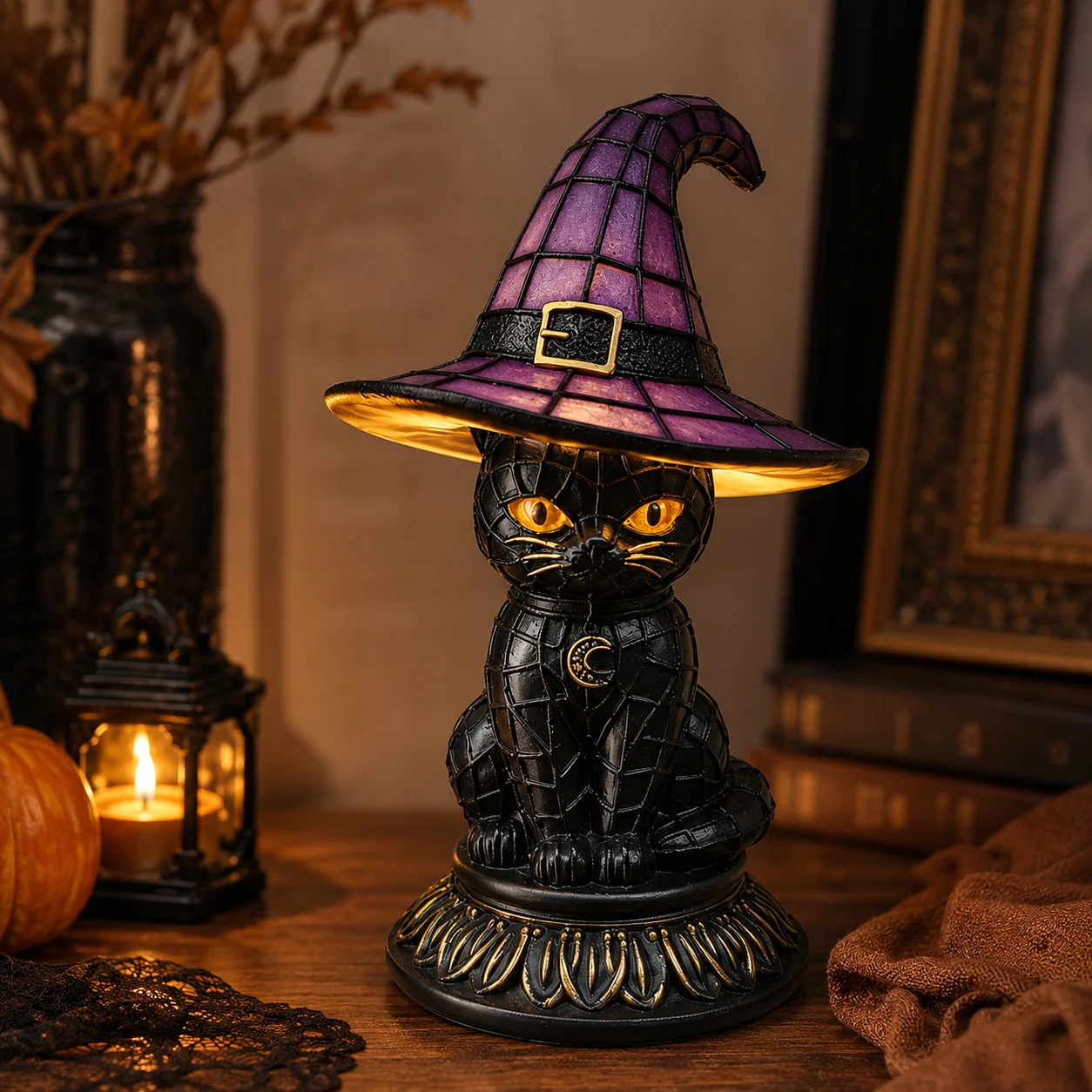 Stained Resin Lamp Black Cat Witch Hat Halloween Light Table Figurine Vintage Home Room Desk Decoration Gift