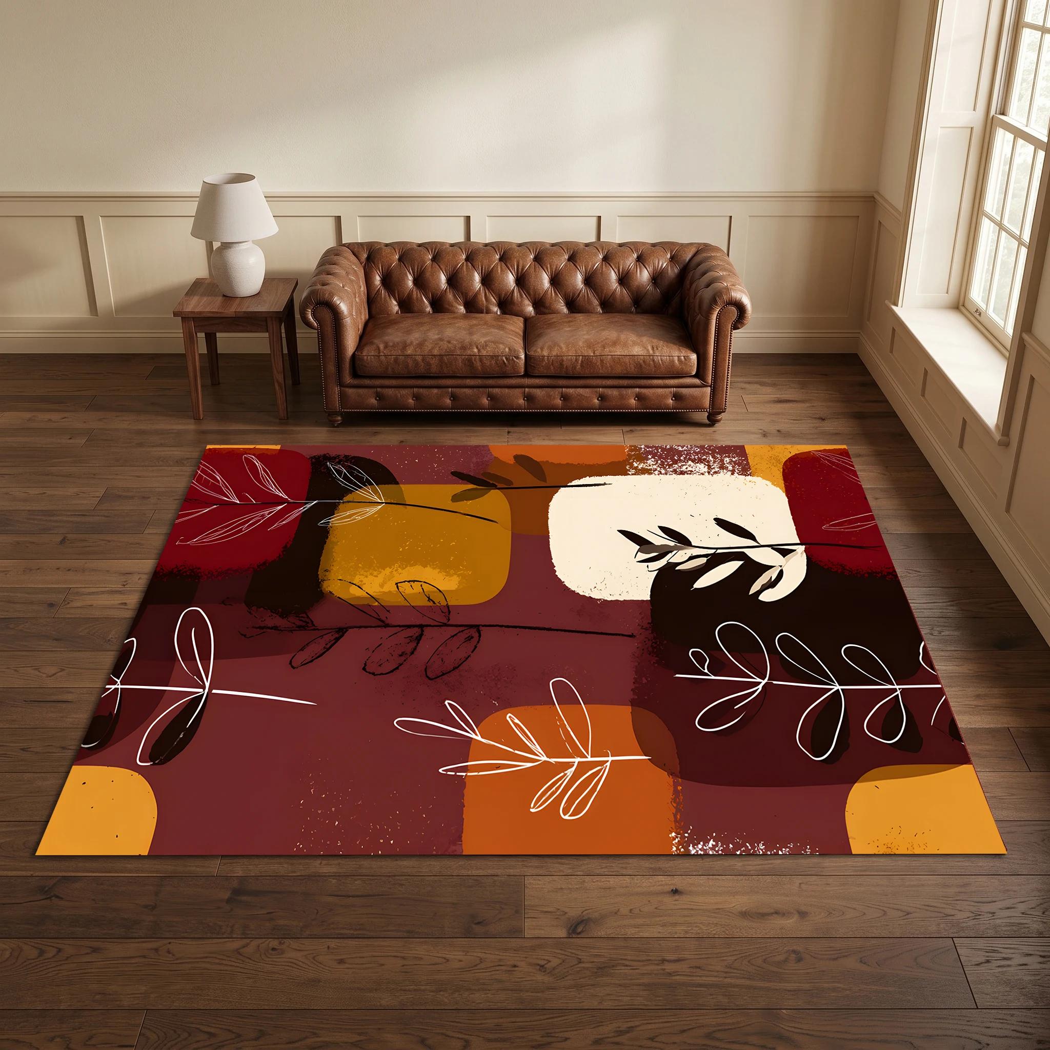Warm-Toned Color Blocks, Simple Line Drawing of Branches and Leaves, Retro Art Style Autumn and Winter Velvet Carpet, Suitable for Living Room and Bedroom, Creating a Strong Autumn Harvest Atmosphere