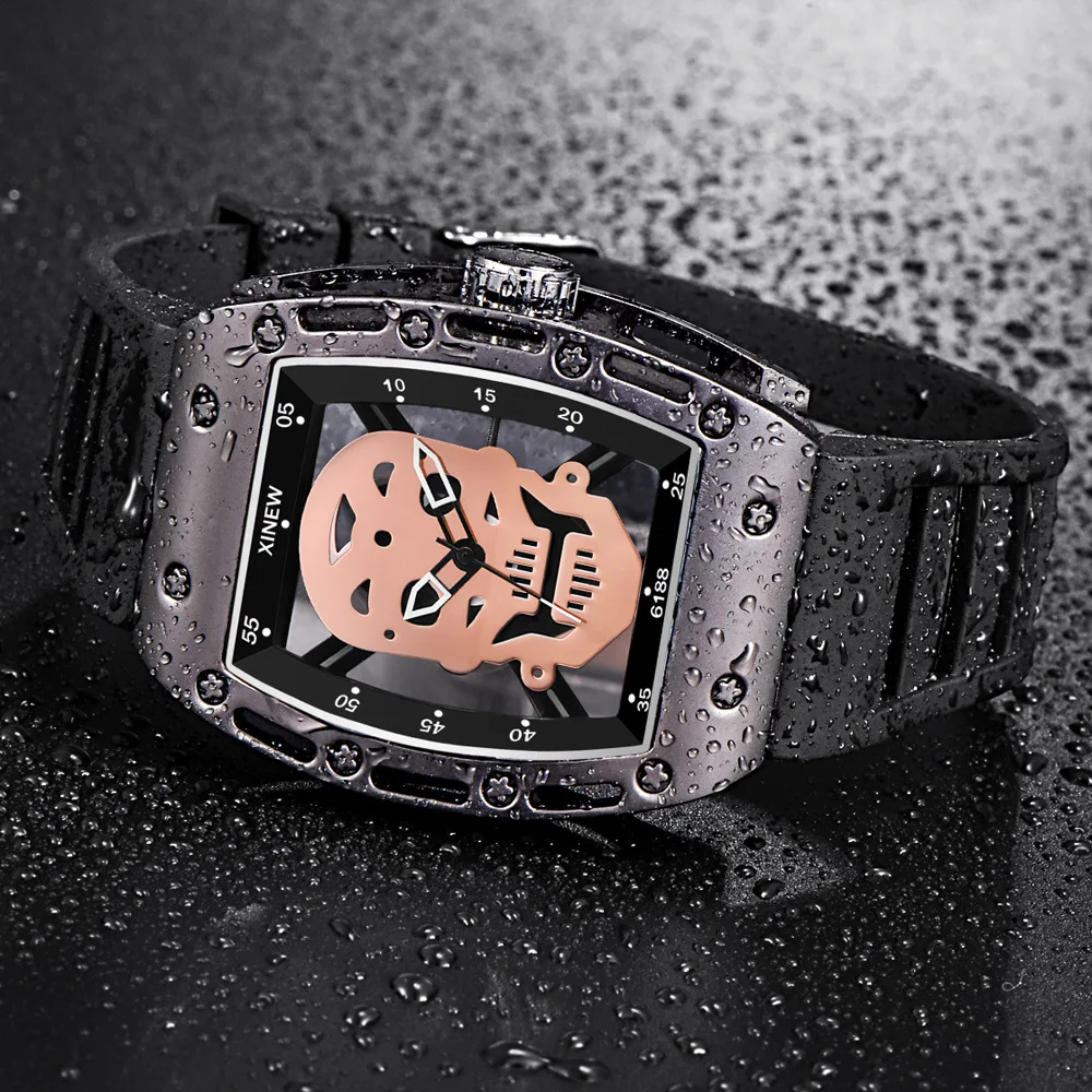 Relogio Masculino Watch Men Skull Hollow Watches Unique Skeleton Rubber Strap Tonneau Quartz Wristwatch Male Clock Drop Shipping