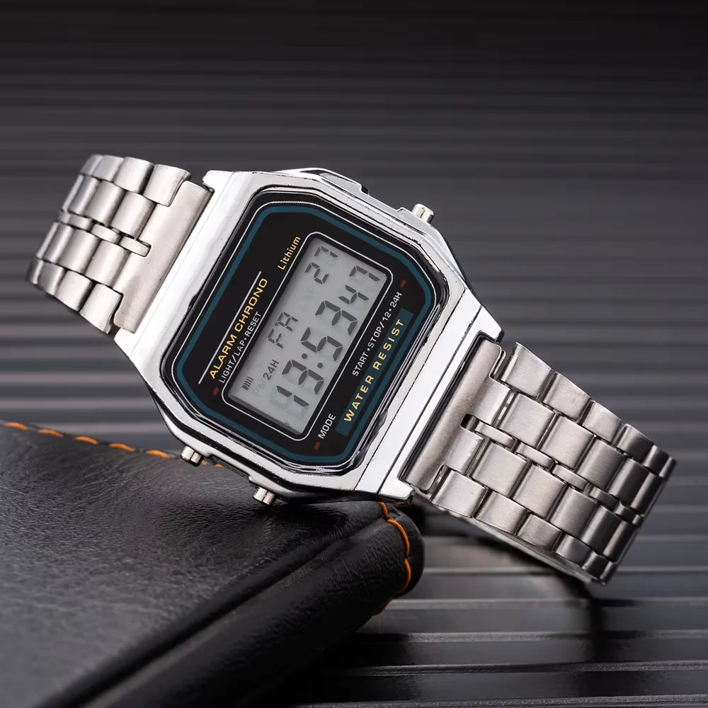 LED electronic watch with steel strip, small square, Harajuku style multifunctional watch