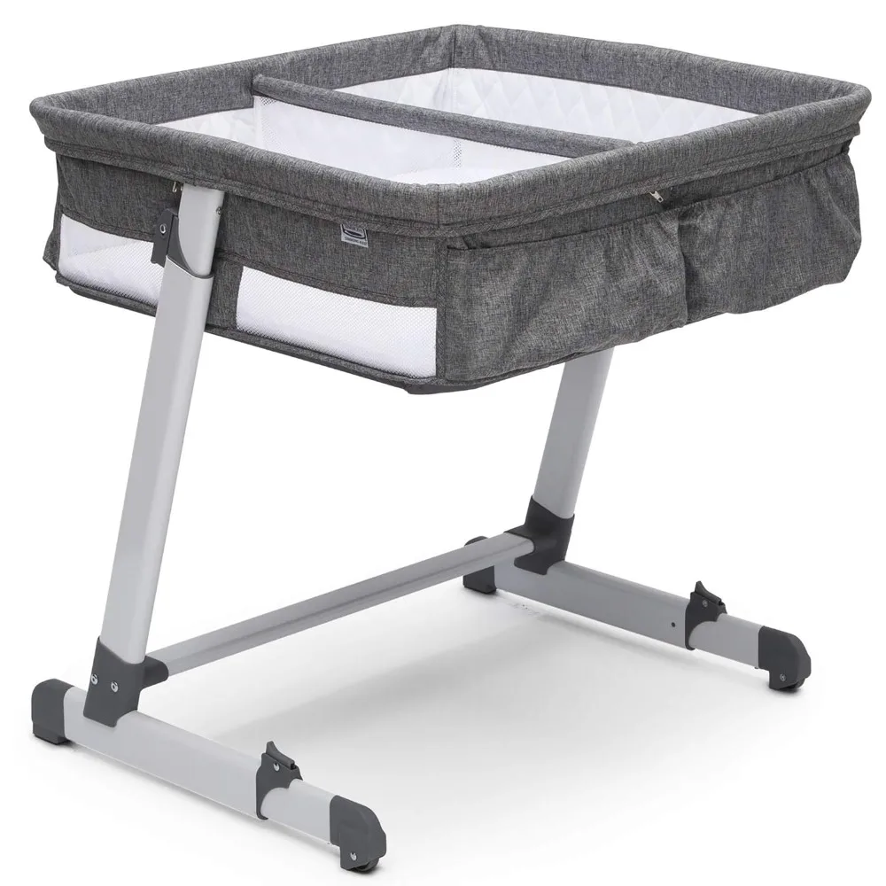 By The Bed City Sleeper Bassinet for Twins - Adjustable Height Portable Crib with Wheels & Airflow Mesh, Grey Tweed