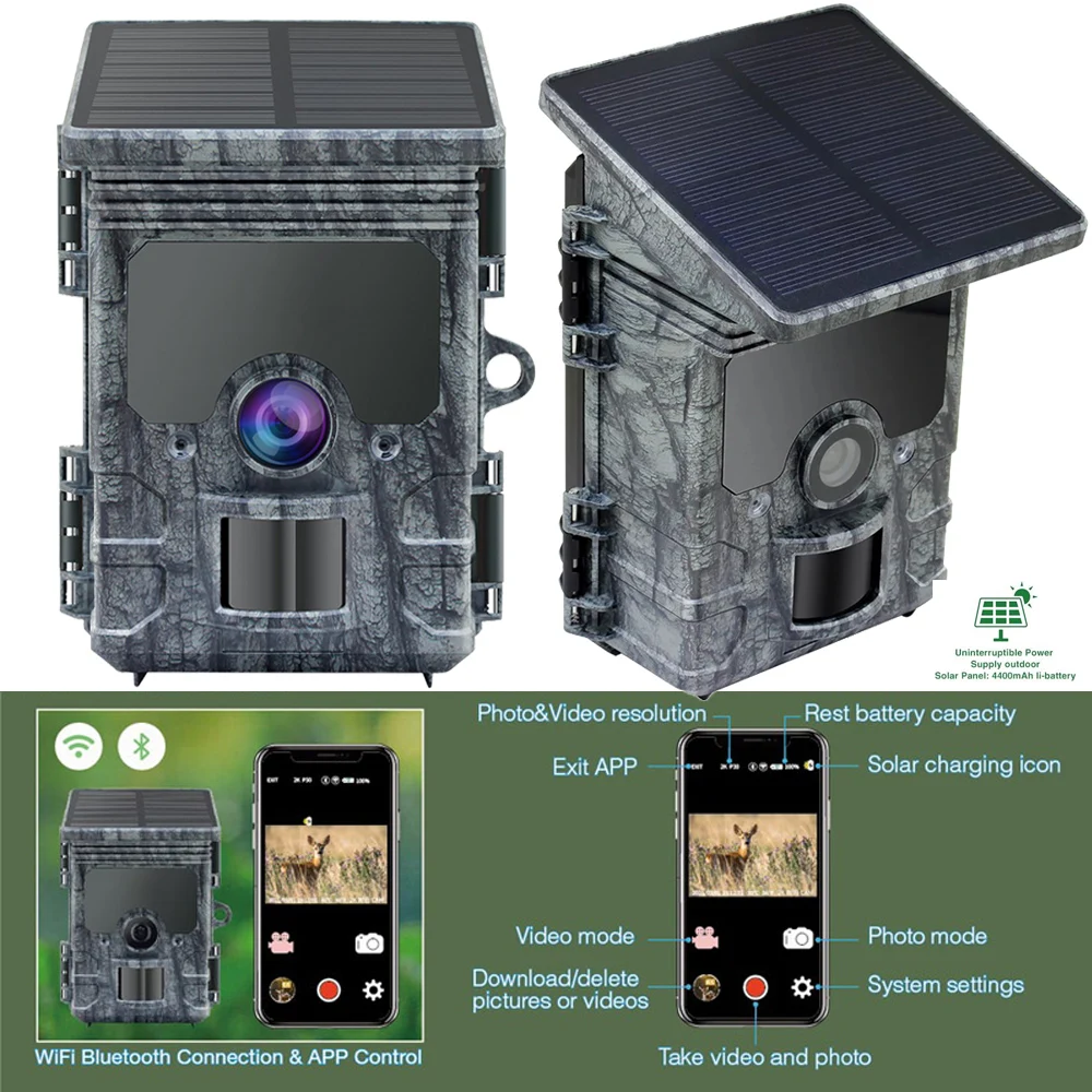 Hunting Camera 4K HD with WiFi Solar Panel Powered Trail Camera Trap Night Vision Waterproof IP66 Game Wildlife Cameras Monitor