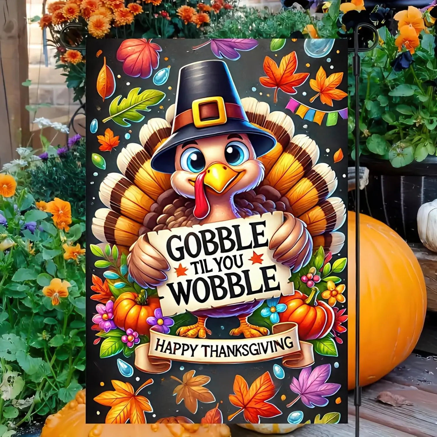 Happy Thanksgiving Garden Flag 12x18 Double Sided Fall Harvest Turkey Yard Flag Gobble Gobble Autumn Outdoor Decorations Far SSL