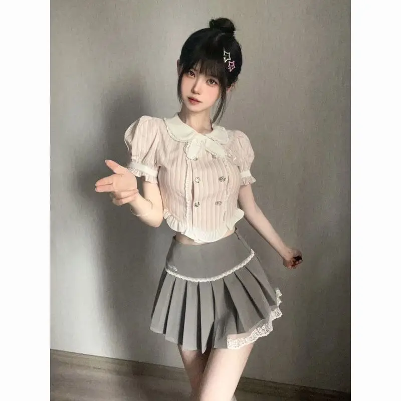 

Puff Sleeve Striped Coord Preppy Grey Pleats Skirt Ethereal Summer Lightweight​