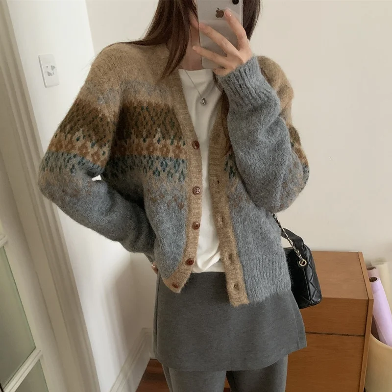 

Шикарный вязаный свитер V-Ne Long Sve, пальто ort Sle, цвет ретро, Blo, корейская женская осенне-зимняя верхняя одежда Faion