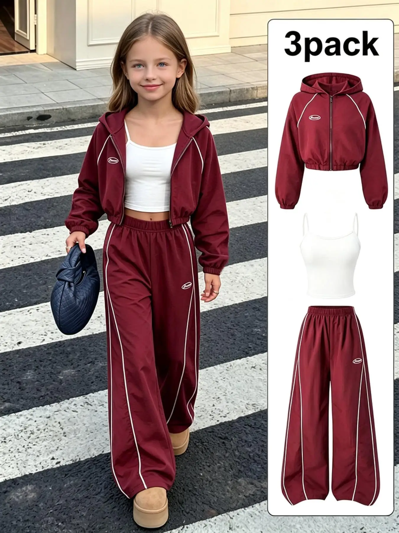 Girls' Autumn-Winter Outfit: Burgundy Short Coat + Camisole + Loose Long Pants Three-Piece Set with White Trim, Trendy and Fashionable, Suitable for 8-12 Year Olds, Versatile Clothing for Going Out