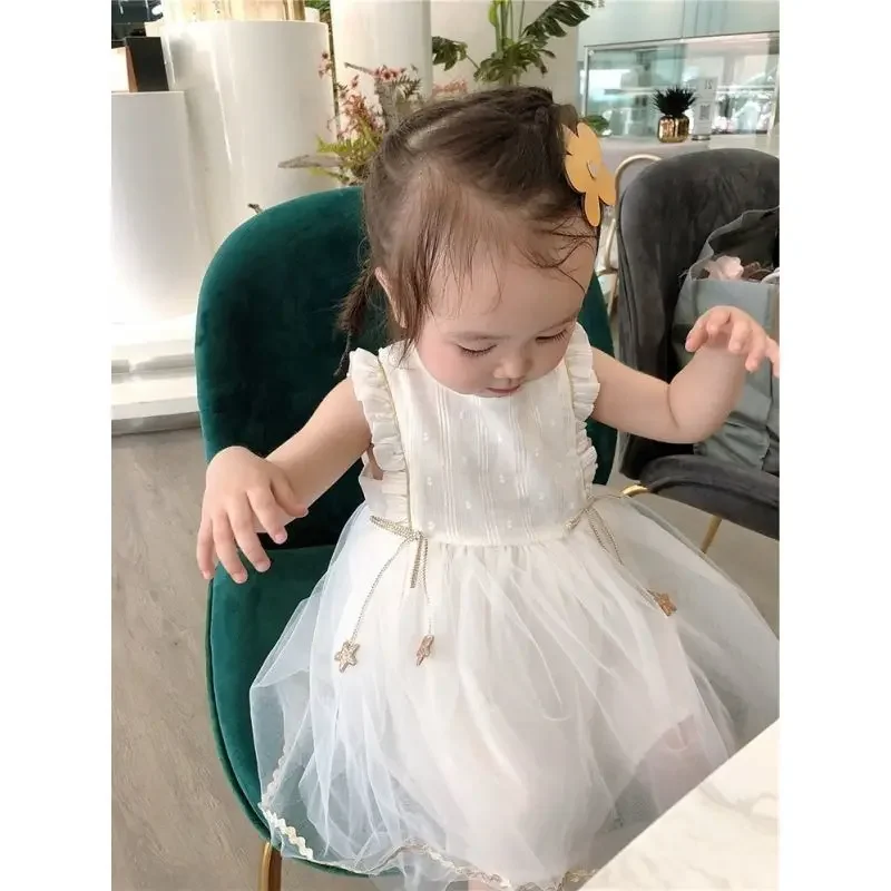 Fashion Round Neck Pentagram Decoration Sleeveless Patchwork Ruffles White Lace Girls Party Fluffy Gauze Mesh Princess Dress