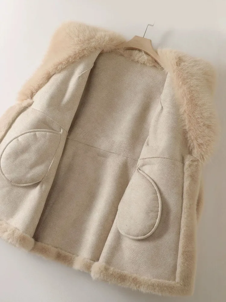 ZMEENNA 女性のエレガントなフェイクファーコートラペル襟長袖冬暖かいアウターベルトぬいぐるみソフトファッションベージュ ZM3354