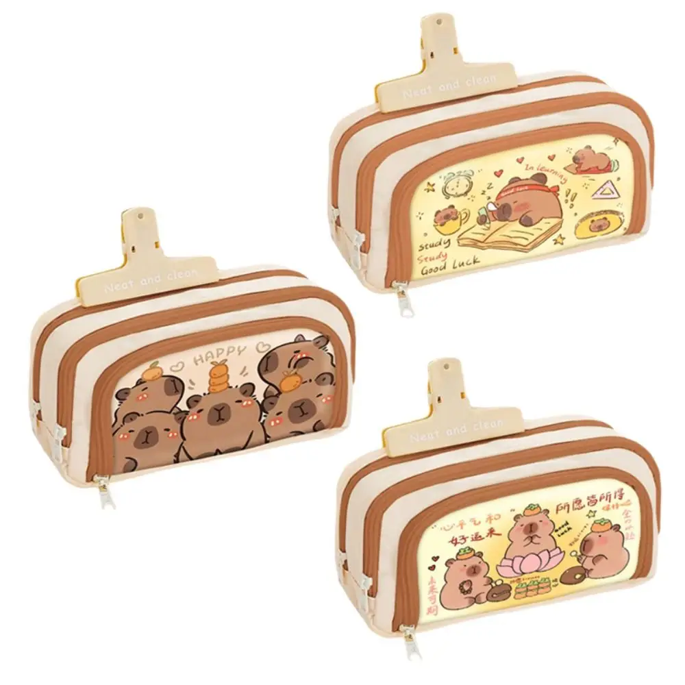 9 في 1 مجموعة حقيبة أقلام كابيبارا 3 طبقات مع حقيبة شبكية حقيبة تخزين أدوات مكتبية سعة كبيرة مقلمة قماشية عالمية