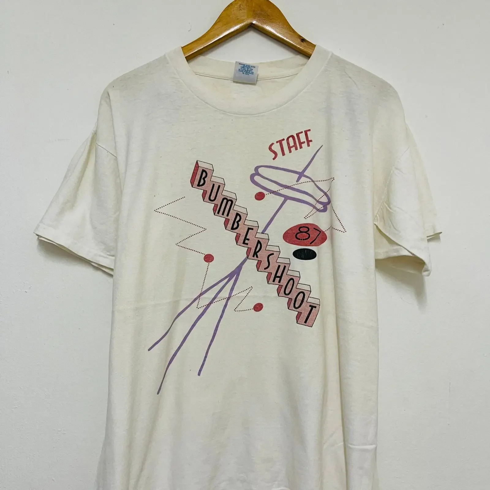 Vintage 80s Bumbershoot 1987 Mile Davis Staff T Shirt Music Concert Tour Streetwear Rare XL White vintage Washed Stretched