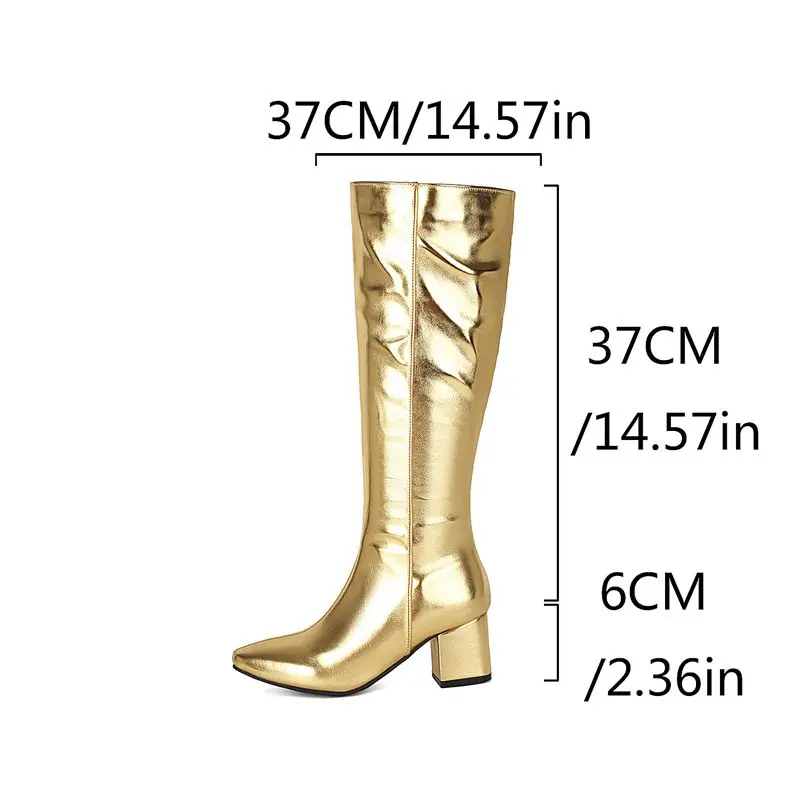 Girseaby Gold Womens Footwear Knee Length t Curved Toe 6cm Sturdy Lift Side Zip Small Big Range 32 33 42 43