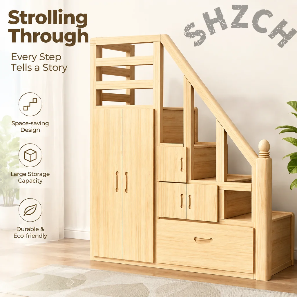 Solid Wood Multi-Functional Stair Cabinet with Wardrobe, Storage Drawers, and Foldable Stool