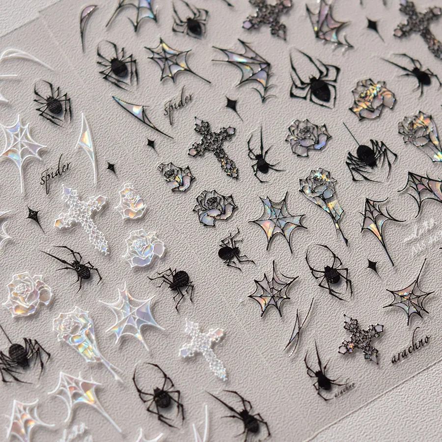 

High Quality Halloween Black And White Sparkling Shell Light Spider Web Rose Nail Stickers Art Decal Design Manicure Tool MS-468