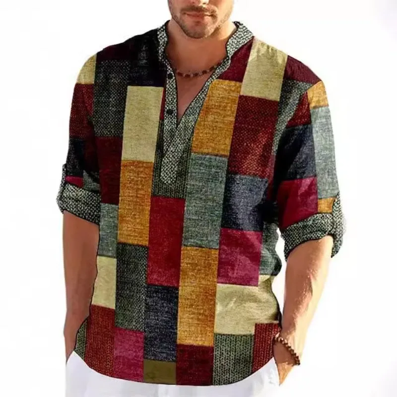 

A New Cross-border European and American Spring and Autumn Simple Color-blocking 3D Printed Stand-up Collar Men's Casual Shirt