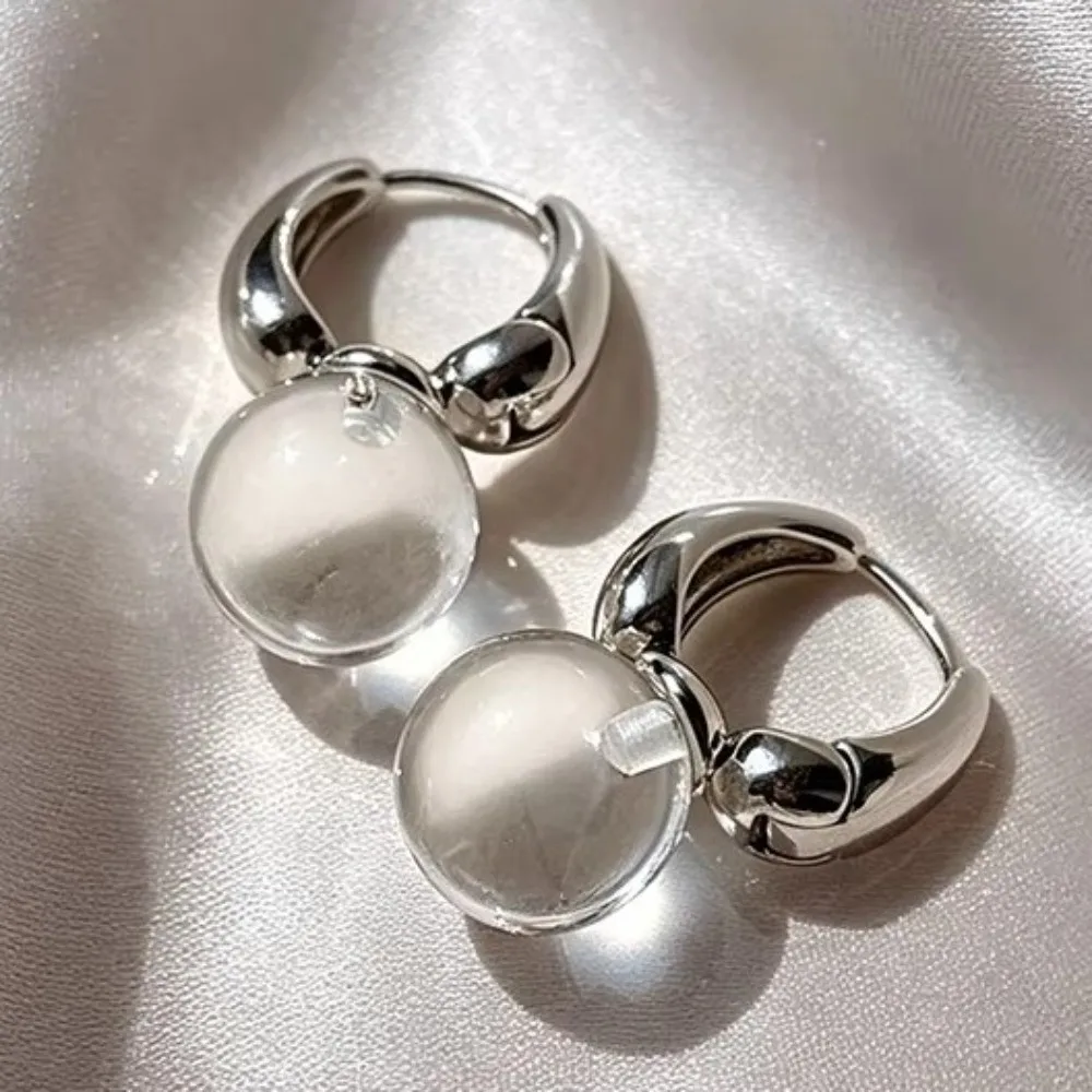 Resin Crystal Ball Hoop Earrings Vintage Alloy Clear Ball Earrings Silver Plated Transparent Round Ball Fashion Ear Jewelry