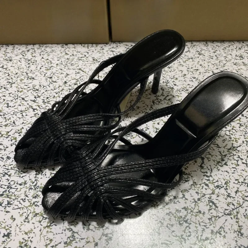 

2025 Summer High Heeled Women Modern Sandals Retro Soft Leather Mules Brand Design Black Leisure Hollow Out Lady Party Shoes