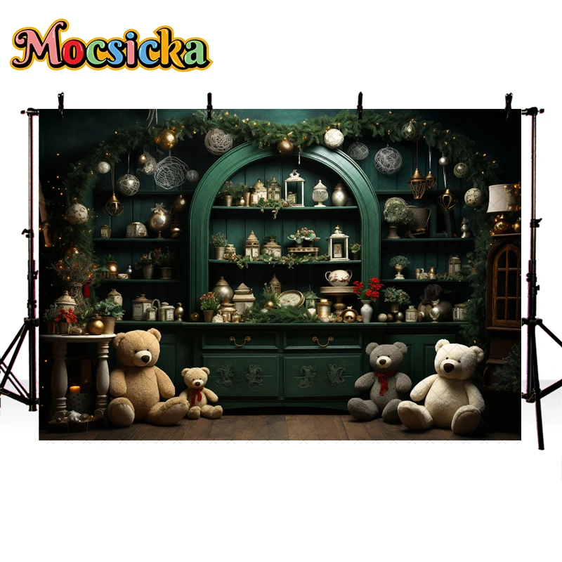 Mocsicka Merry Christmas Photography Backdrops Baby Kids Portrait Photocall Xmas Tree Green Door Cupboard Decorative Background