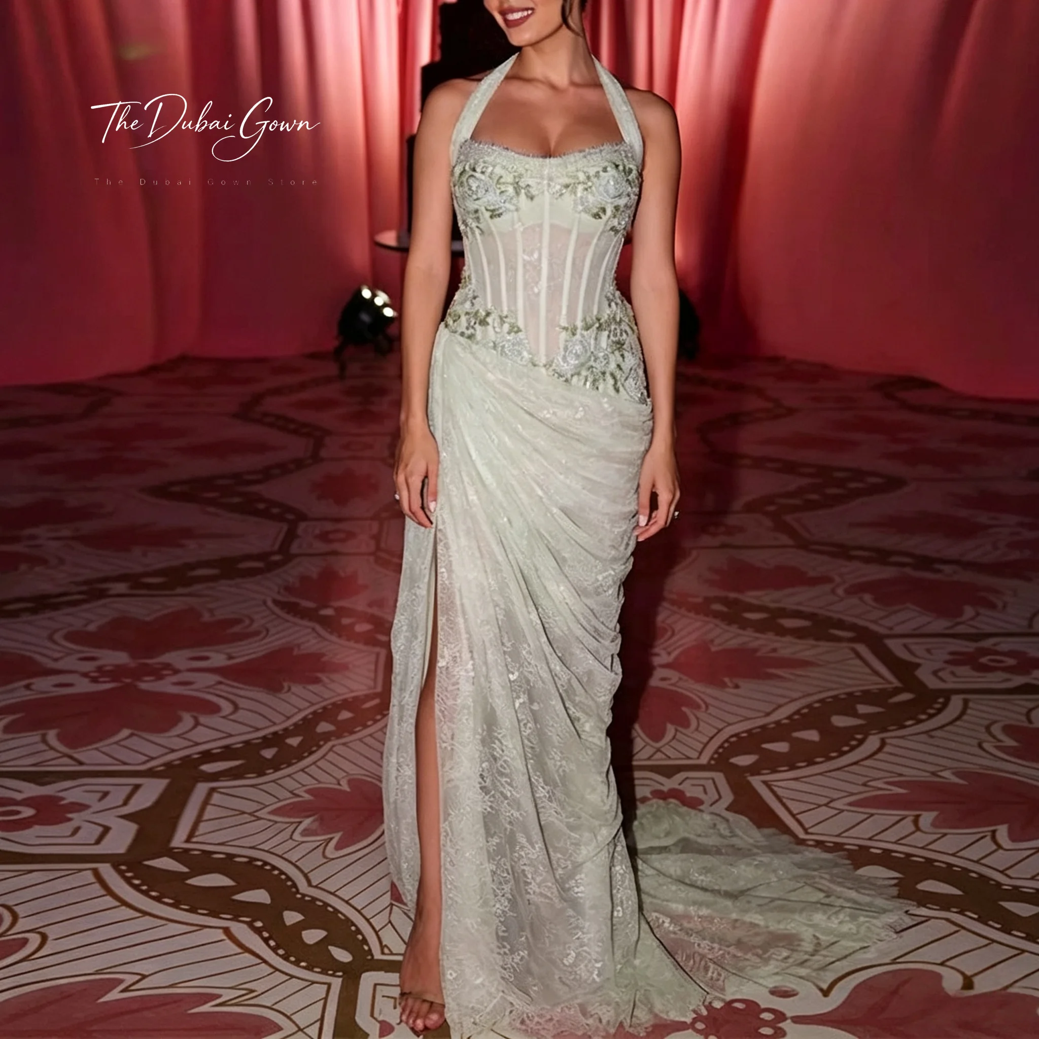 Green Strapless Sleeveless Fish-Tail Floor-Length Mermaid Party Dress Embroidered Fish-Bone Formal Long Skirt