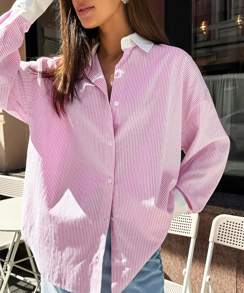 Patchwork Stripe Women Shirts Turn Down Collar Street Style Long Sleeves Blouses And Tops Ladies Casual Streak 2024