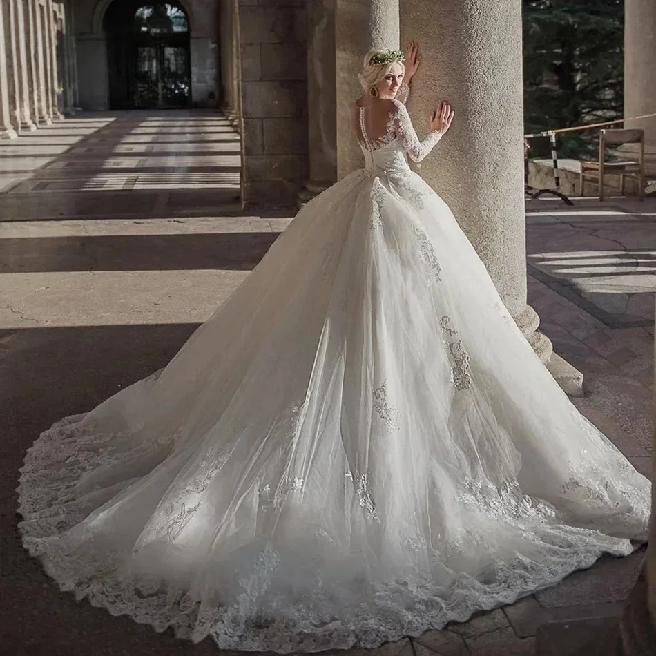 Luxurious White A-Line Chiffon Applique Wedding Dress Sexy Transparent Collar Long Sleeved Auditorium Bridal Gown Customized