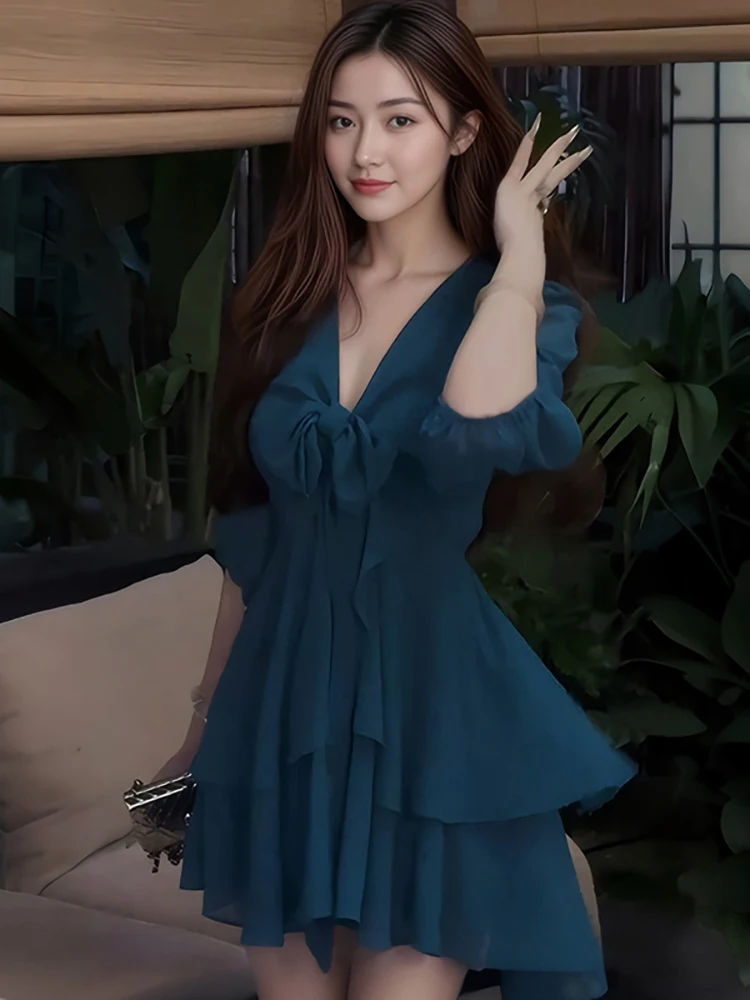 

2025 синее шифоновое шикарное длинное платье с v-образным вырезом и разрезом, женское элегантное повседневное праздничное платье с рюшами, летнее корейское винтажное роскошное платье