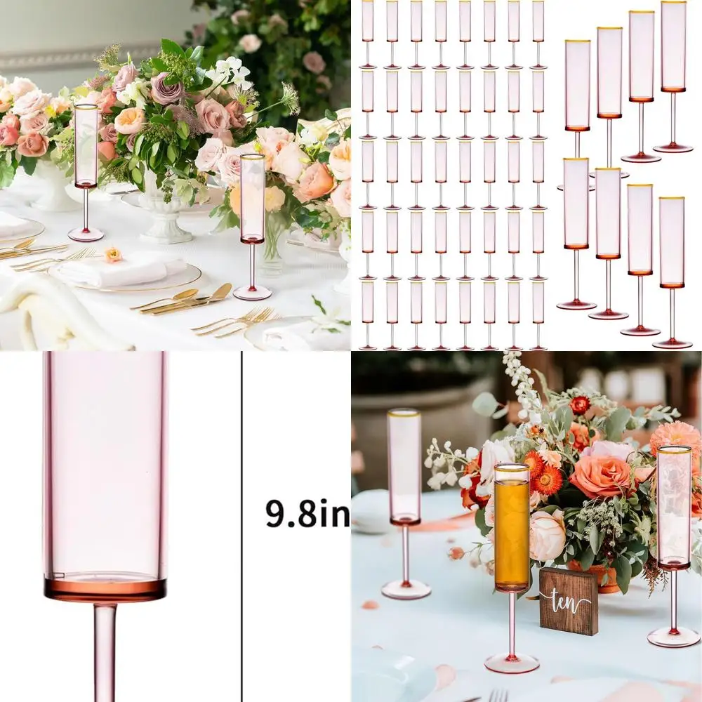 

Набор из 48 многоразовых пластиковых флейт для шампанского с золотой оправой на 6 унций для элегантных свадеб, юбилеев и праздничных торжеств.