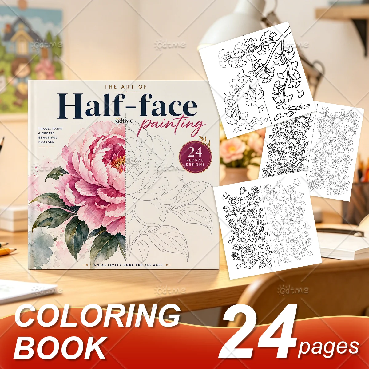 Half Face Painting Floral Coloring Book for Adults, Trace Paint & Create Beautiful Peony Watercolor Flowers, Art Activity Book