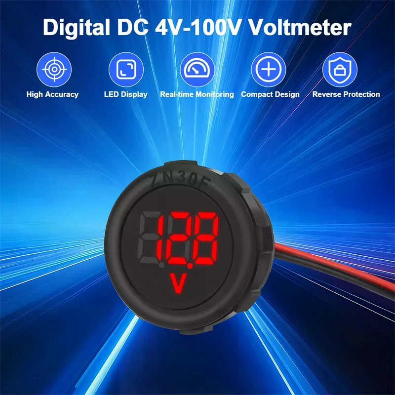DC 4-100V LED 디지털 디스플레이 원형 2선식 전압계 DC 디지털 전압계 헤드 디스플레이 역방향 연결 보호