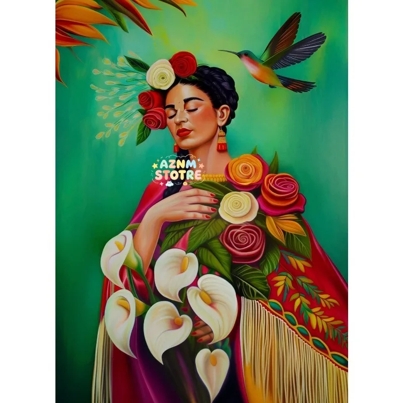 Boho Latina Girl and Humming Bird Mexico Folk Art Landscape Aesthetic Poster Canvas Painting Wall Pictures Home Interior Deco
