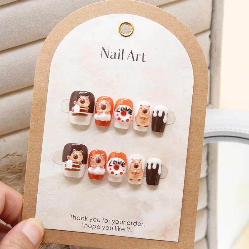 10 Pcs Girls Lovely Handmade Press on Nails Cartoon 3D Bear Full Cover Detachable Nail Piece Cute Cat Eye Fake Nails Nail Art