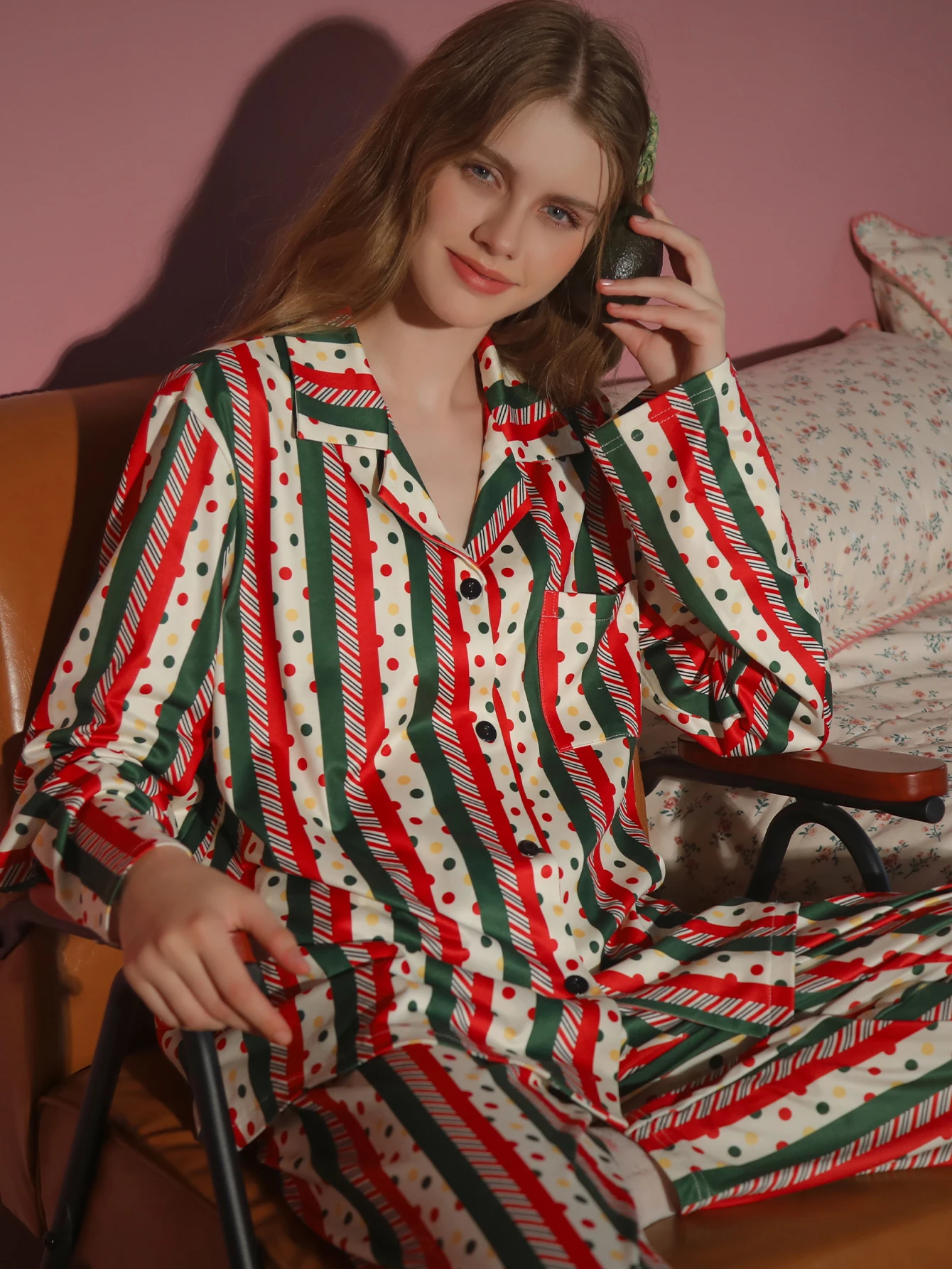 

Женская одежда для сна из 2 предметов, брюки с длинными рукавами, домашняя одежда, весенне-осенне-зимний комплект кардигана в полоску с узором