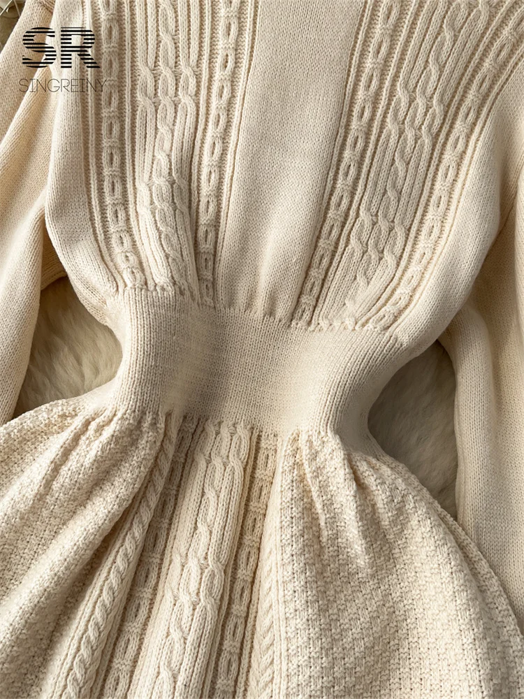 SINGREINY Loose Casual Knit Long Dress Women Solid Elastic Waist Lantern  Sleeve O Neck Ladies Fashion Winter Sweater Dresses