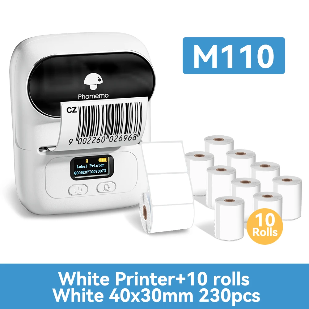 Phomemo M110 Mini Portable Thermal Printer Self-adhesive Label Printer For 3/5/10 rolss Stickers Label Maker Printer Without Ink