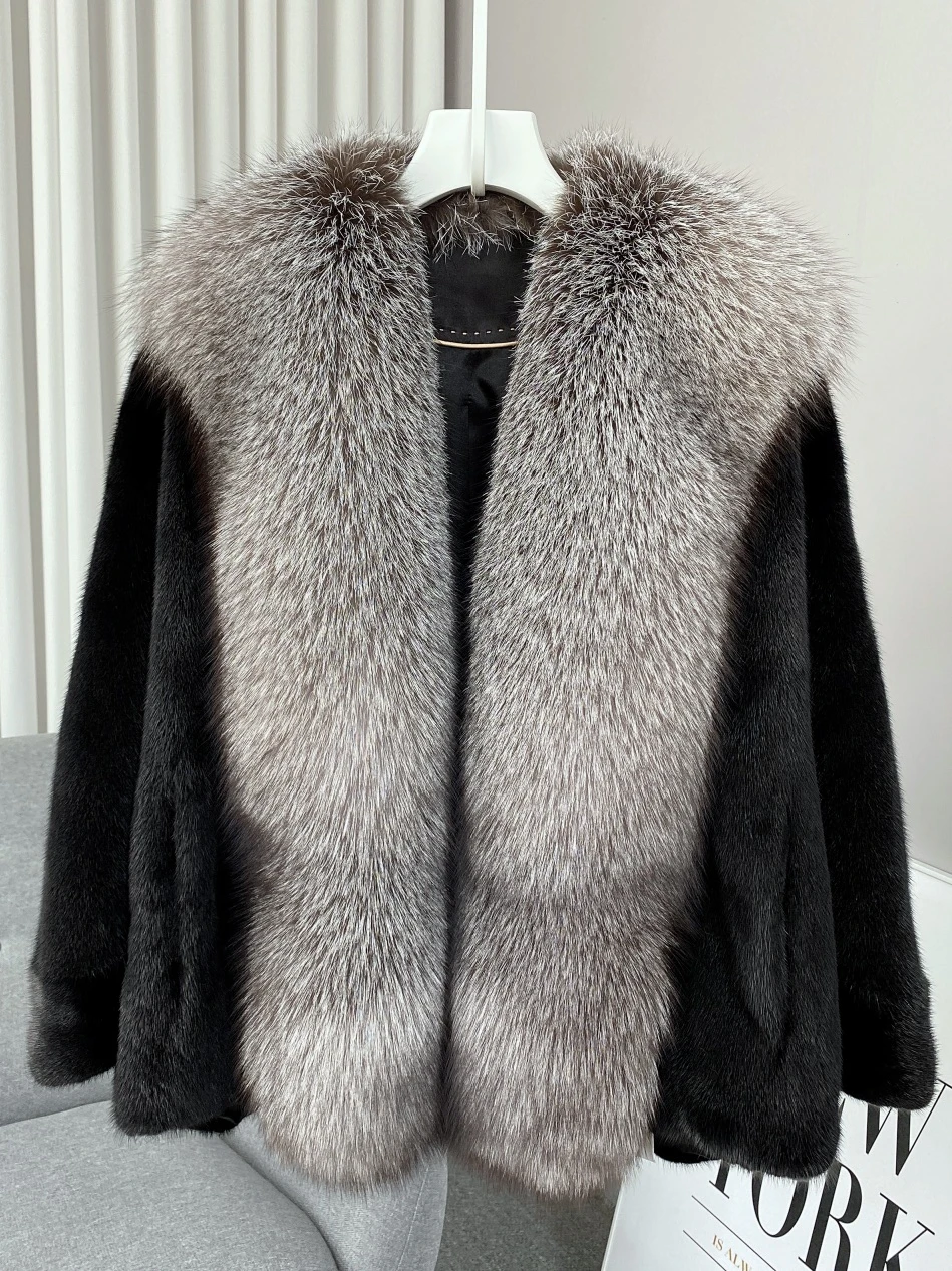 Mink Whole Leather Coat Silver Blue Fox Mink Coat Mink Leather Coat Winter Fur Shawl