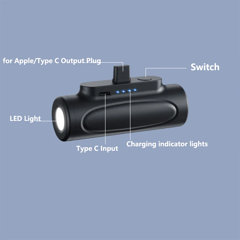 بنك طاقة صغير بقدرة 5000 مللي أمبير في الساعة مع مصباح يدوي LED وشاحن محمول باور بانك لهاتف آيفون وسامسونج وهواوي وشاومي وبطارية خارجية