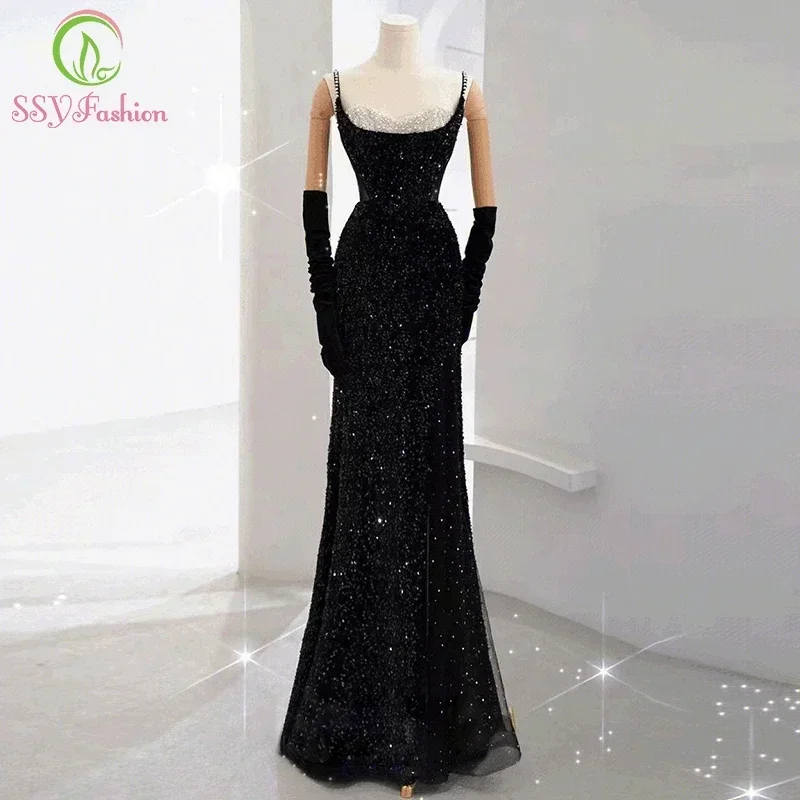 Customized  Black Mermaid Evening Dress Sexy Slim Sequins Beading Glittering Fishtail Prom Party Gowns Vestidos De Fiesta