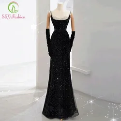 SSYFashion New Black Mermaid Evening Dress Sexy Slim Sequins Beading Glittering Fishtail Prom Party Gowns Vestidos De Fiesta